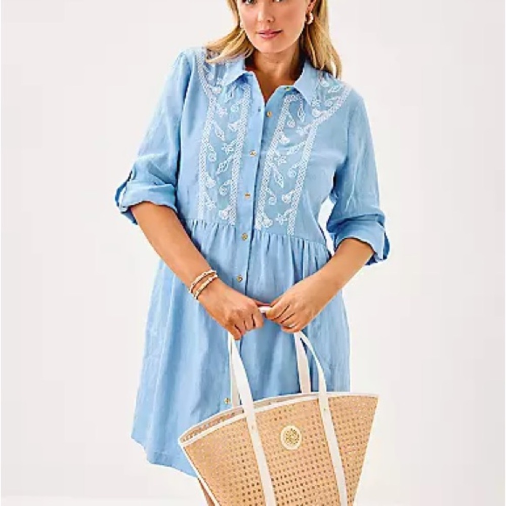 Lilly Pulitzer Light Blue Embroidered Button-Front Shirt Dress